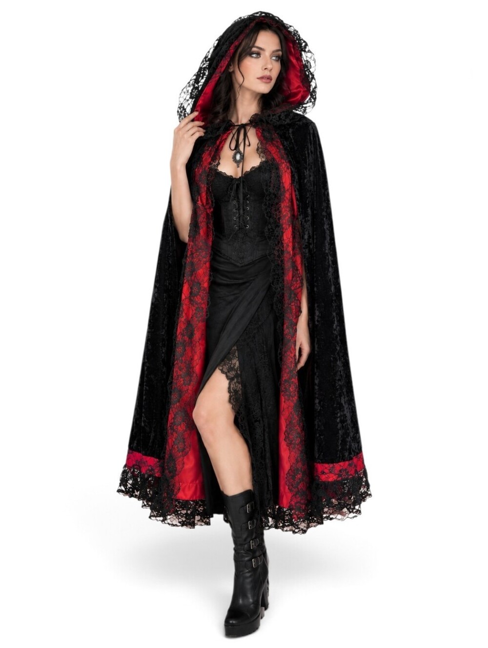 Gothic Vampire Cape Black Velvet Lace Trim Red Satin Romantic Victorian